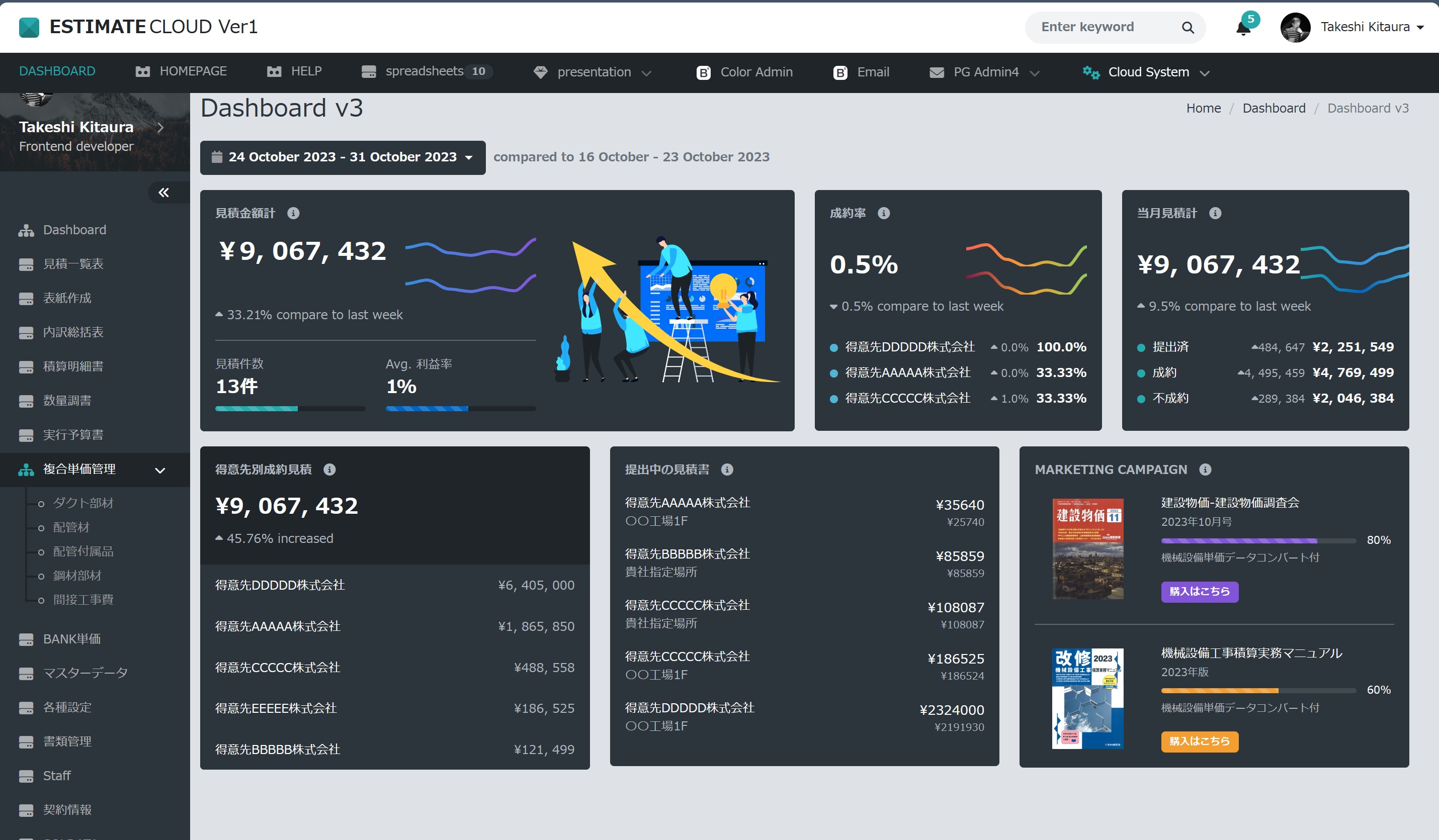 DASHBOARDで社内の積算、請求状況を一元管理